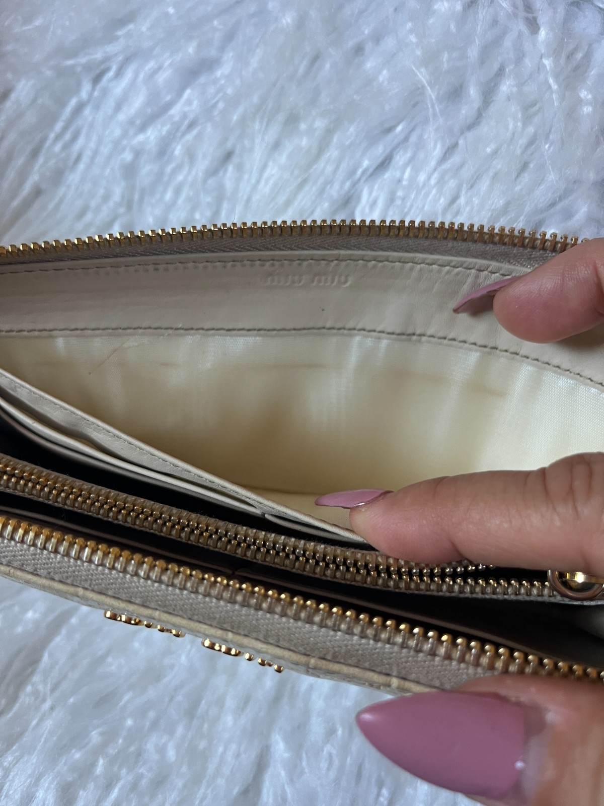 Miu Miu Beige Croc Embossed Zip Clutch Wallet