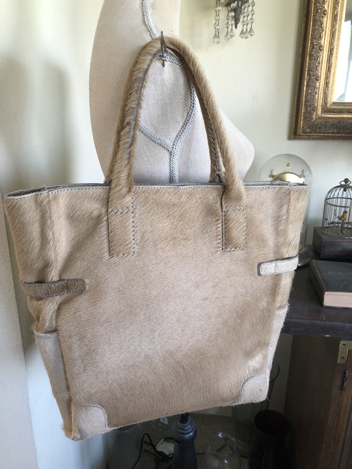 Vintage Falor Italy Tote Purse tan leather hyde tote with silver chain 15 X 14