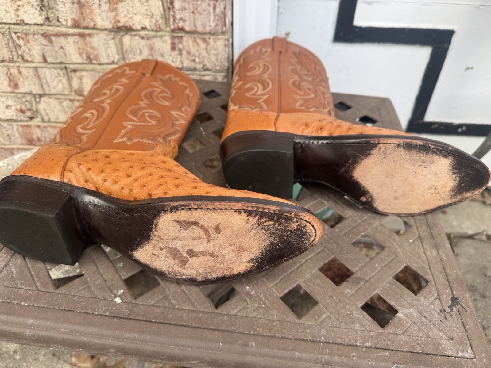J. Chisholm Cowboy Boots Mens 12D Brown Good Full Quill Ostrich Leather USA Made