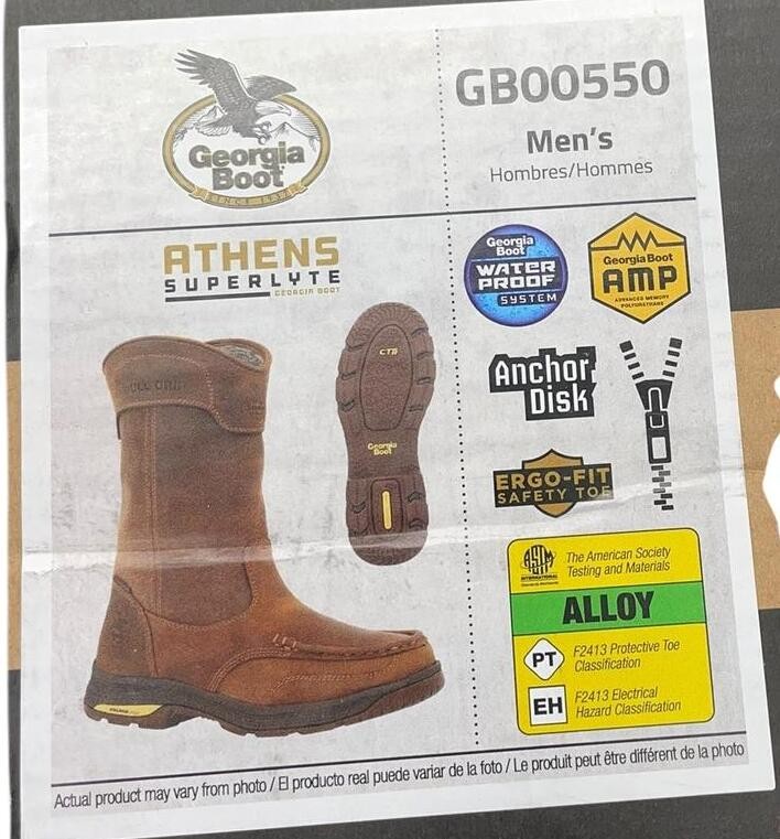 GEORGIA BOOT Men Athens SuperLyte Alloy Toe WP Wellington Boot Brown Size 9.5M