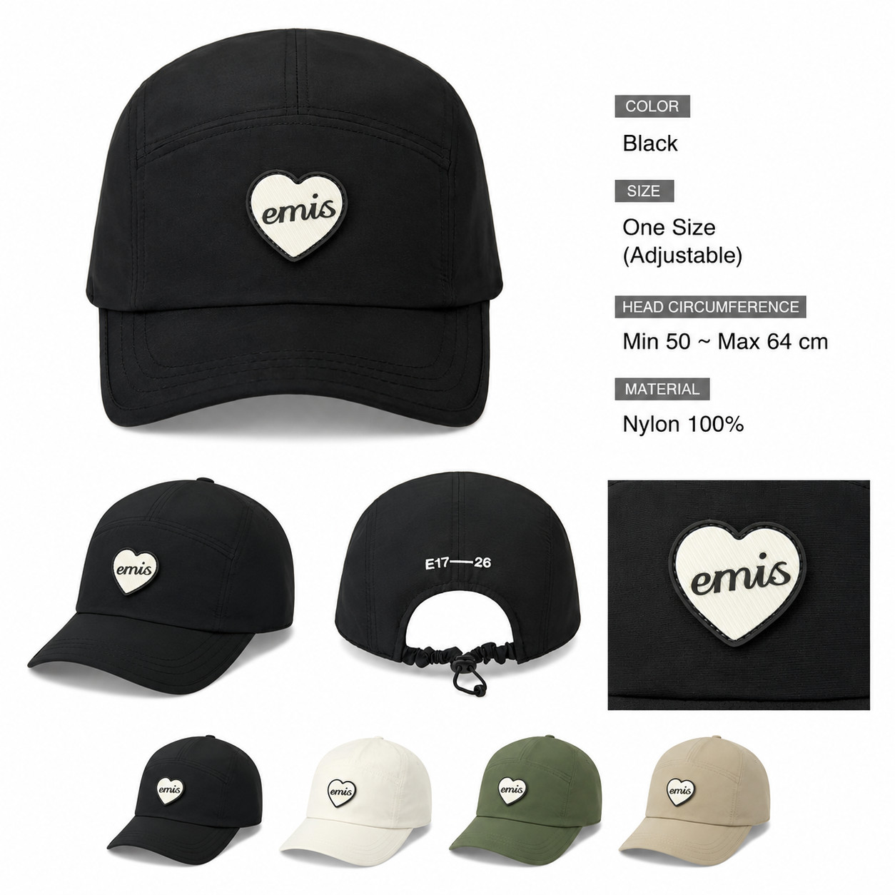 EMIS Heart Rubber Patch Camp Cap Black Unisex Adult Sports Hat