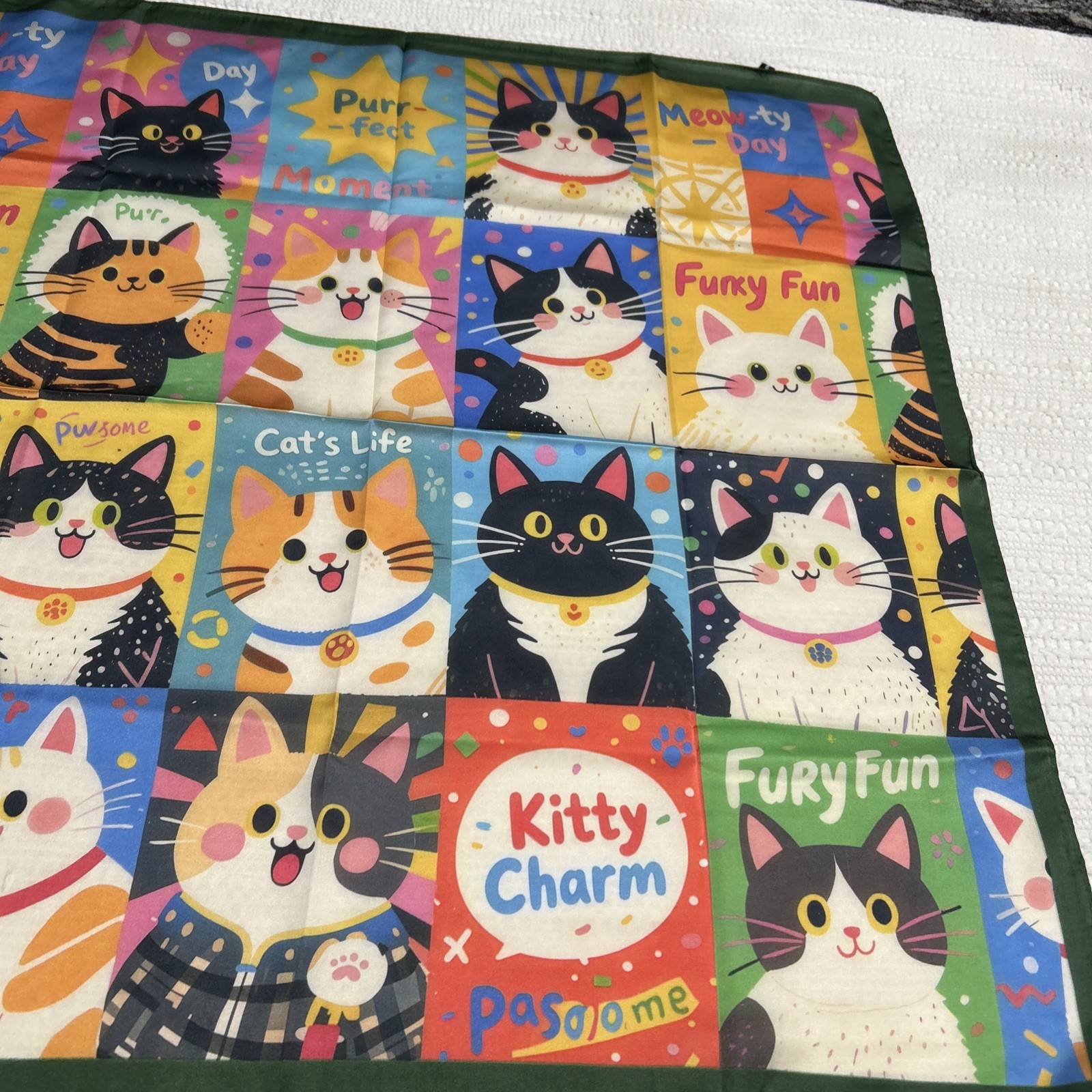 Colorful Cats Funky Fun 26” Square Scarf Floaty Green Border New Breeds Kitties