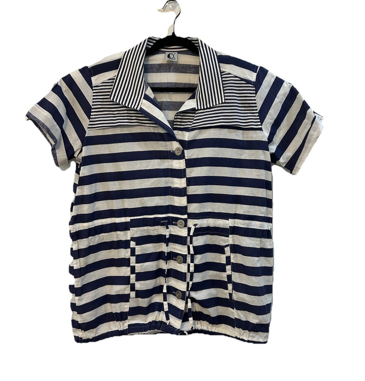 Talento XL Top Womens Blue White Striped Cap Sleeve Collared 100% Cotton Blouse