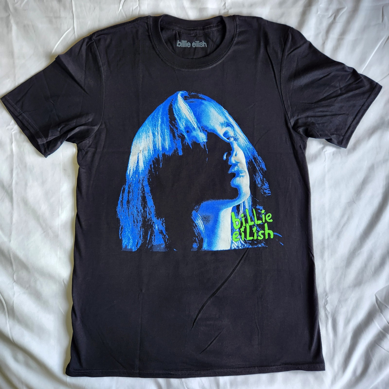 Billie Eilish Portrait Neon Blue Graphic Official Music Merch Black T-Shirt New