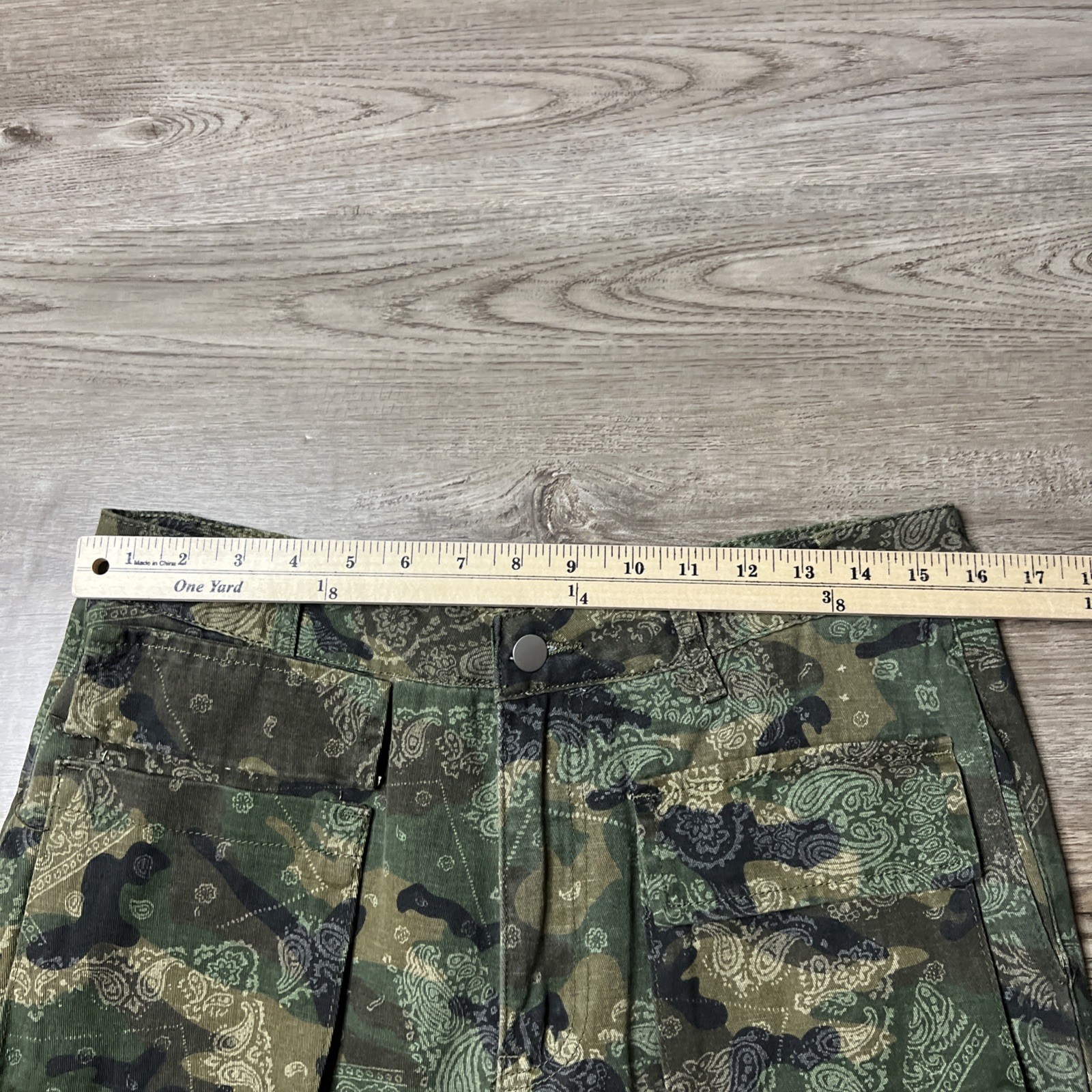 BoohooMan Stacked Pants Mens 32 Camo Bandana Print Cargo Pocket Flare Leg NWT