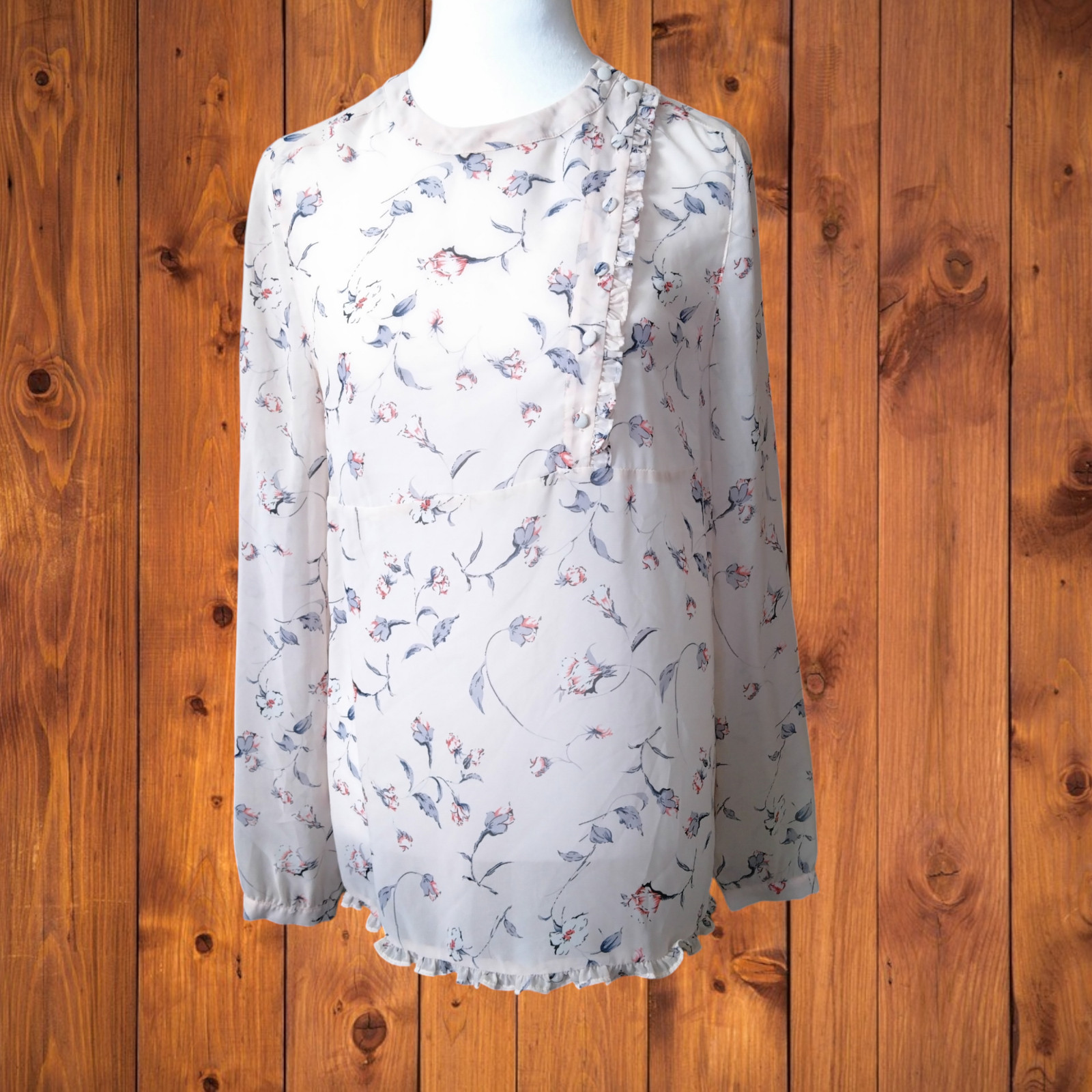 Octavia Women’s Small Long Sleeve Floral Ruffle Sheer Blouse Button Accent