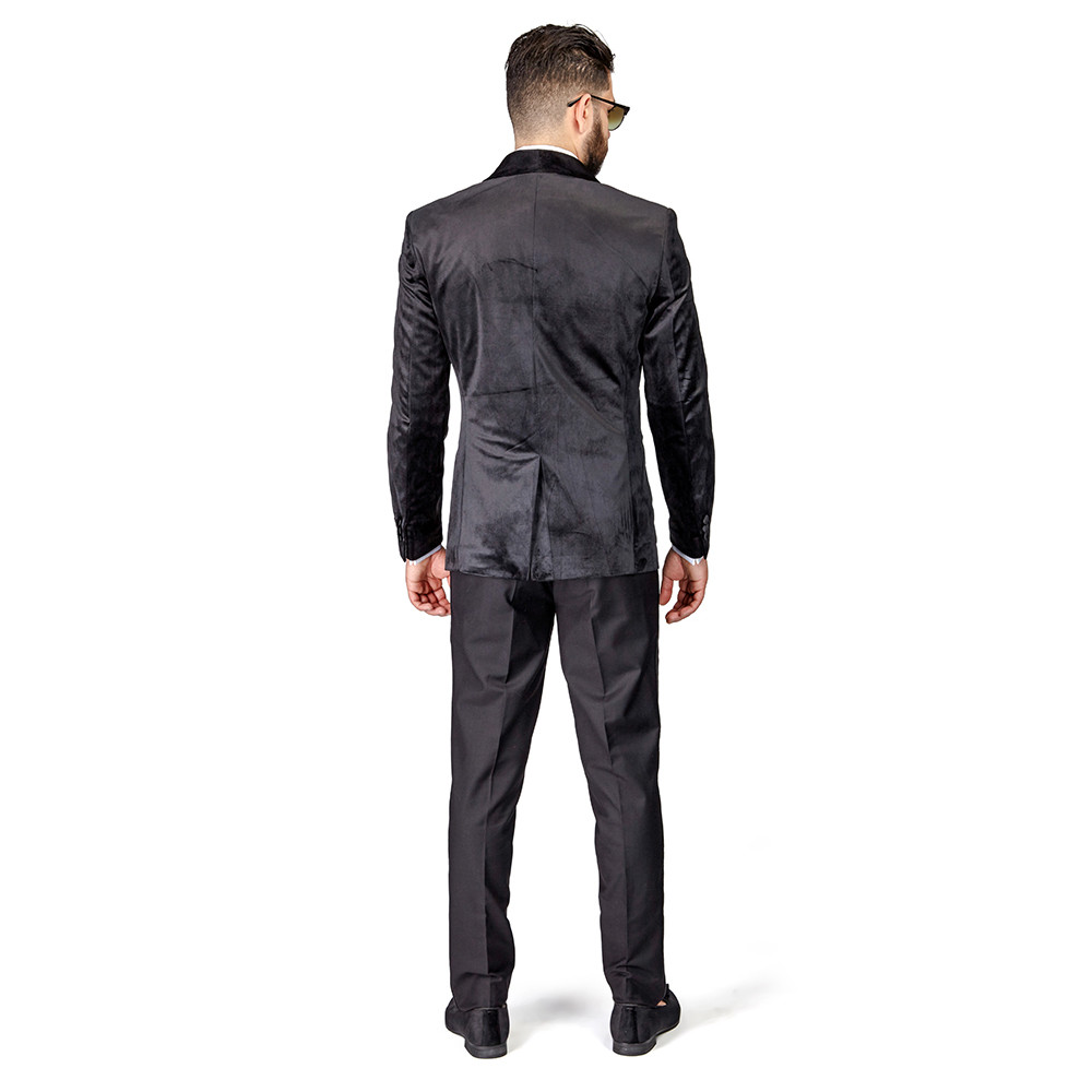 BLACK Shawl Lapel VELVET 3Piece Vested Slim Fit Tuxedo 1Button Black Pants AZAR