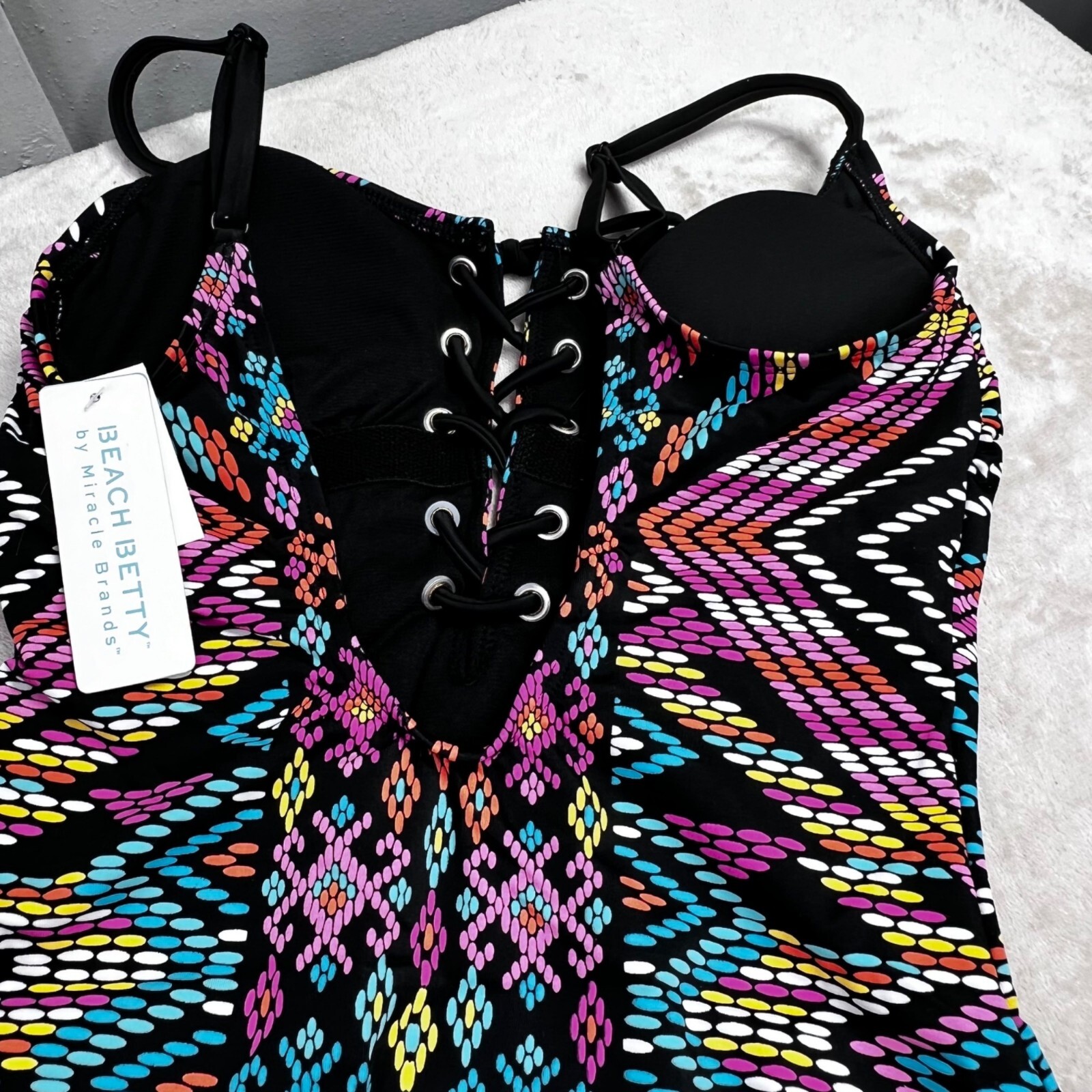 Beach Betty Miracle Brands Swimsuit size S One Piece Black Mosaic Lace Up NWT