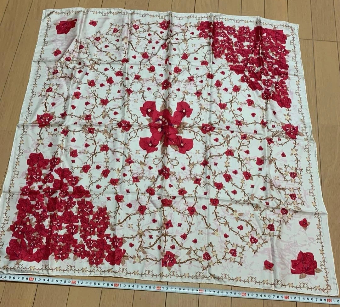 Pineda Covalin Unused Silk Scarf Floral White Red 82×82 cm