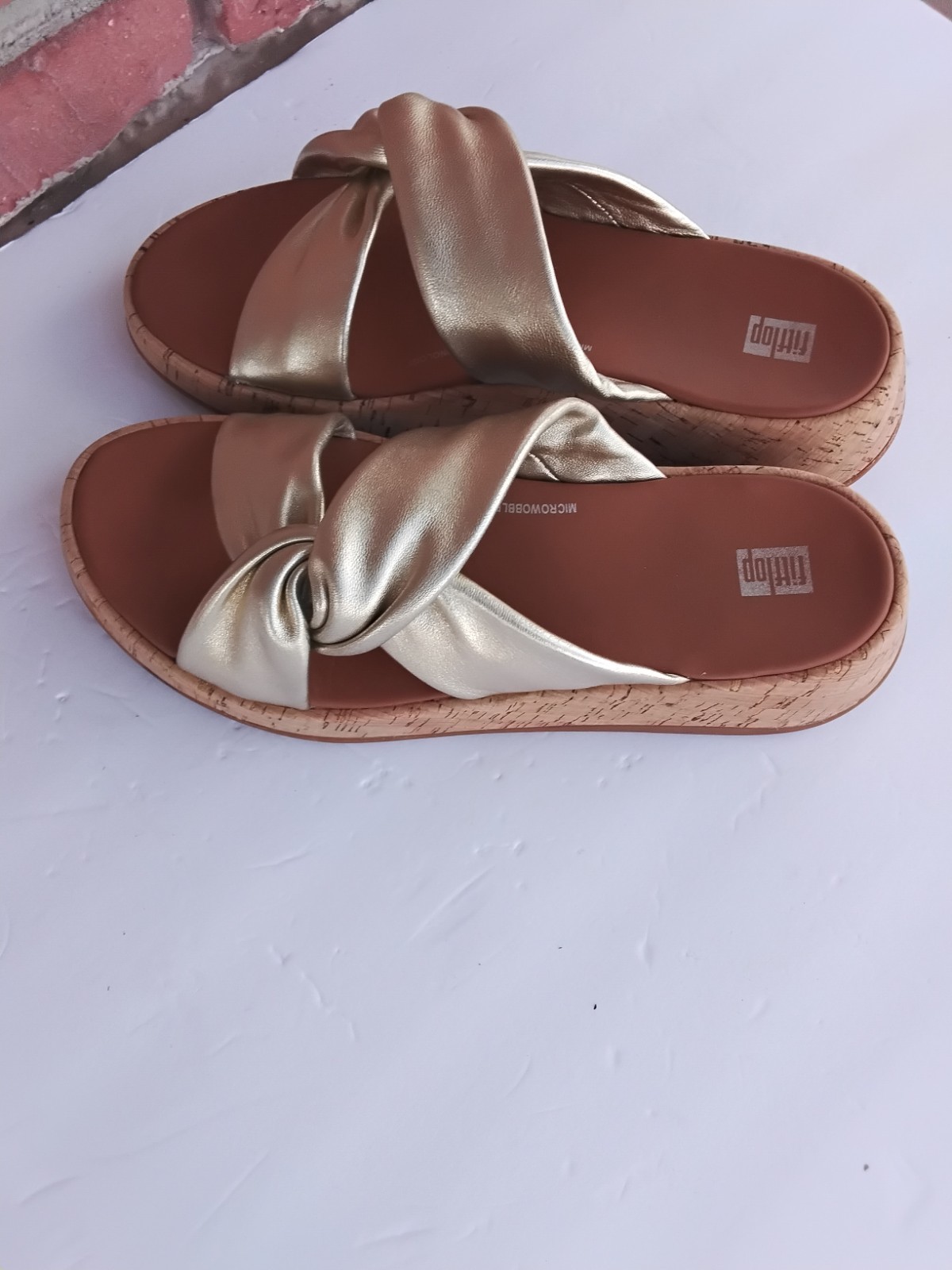 FitFlop F-Mode Twist Platform Gold Leather Slide Sandals US 10 Eu 42