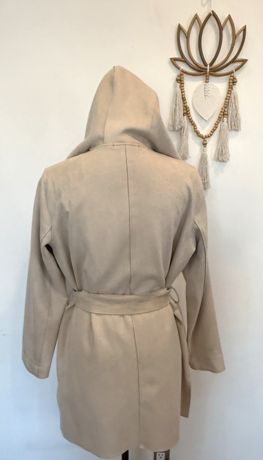 Oatmeal Ecru Belted Open Front Hooded Mid Length Faux Suede Jacket w/ Pockets Sm