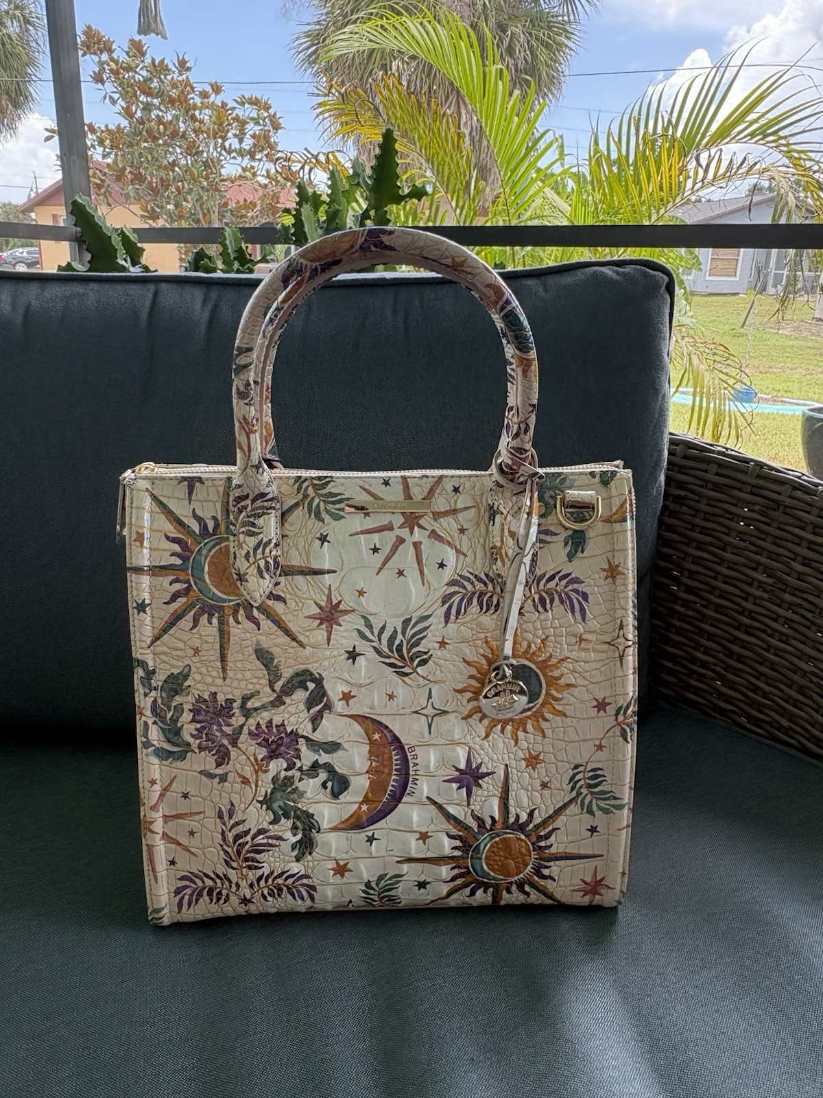 Brahmin Embossed Floral Celestial MoonSatchel Top Handle Gold Detachable Strap