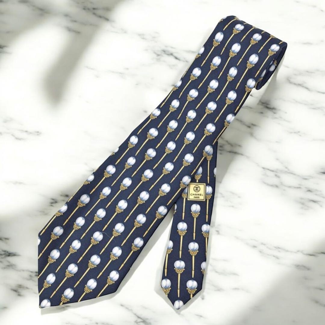 CHANEL Logo 100% silk COCO Tie Men Navy Yellow Genuine Excellent condition