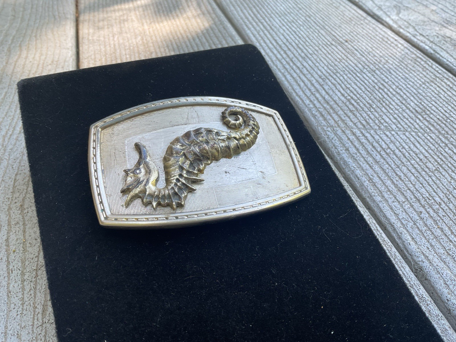 Vintage Seahorse Belt Buckle Silver Tone 3.5” X 2 3/8” Nautical ￼