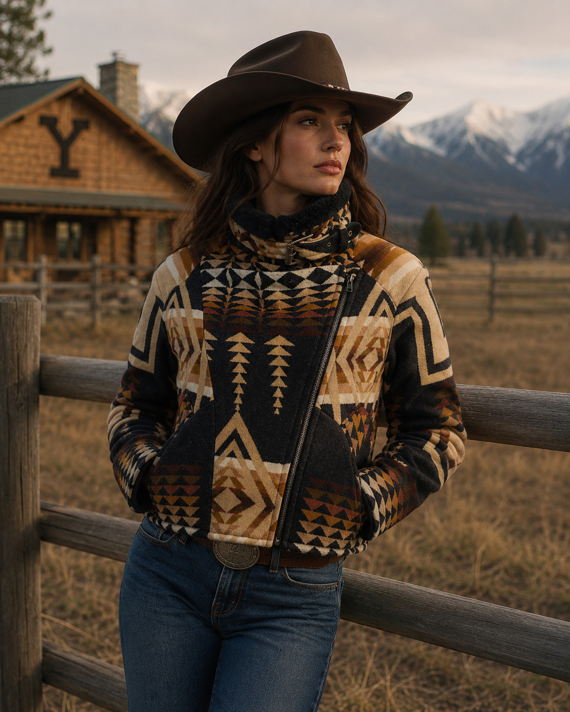 Women’s Western Aztec Print Wool Aviator Jacket: Beth Dutton Kelly Style Bomber