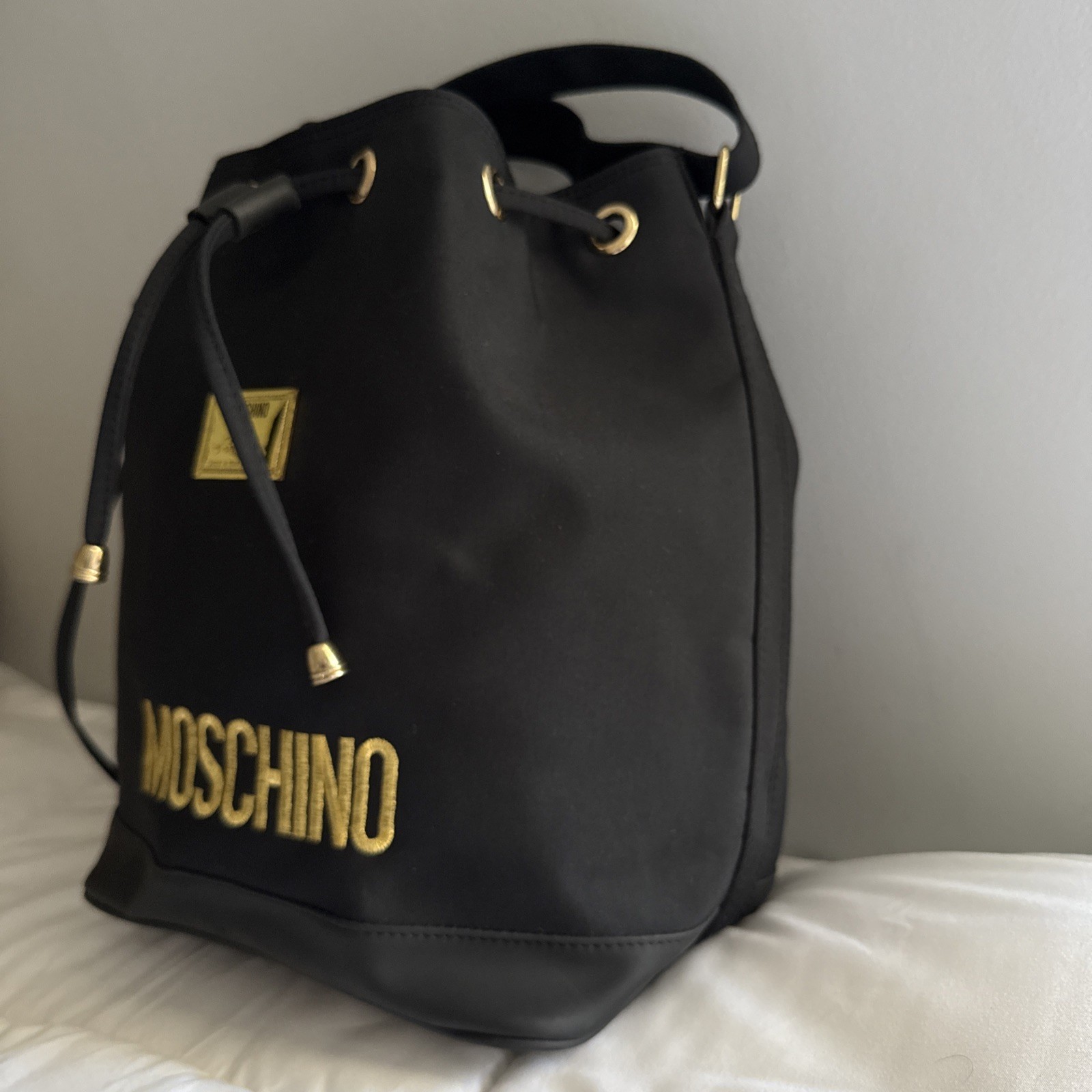 Moschino Bucket Drawstring Redwall Vintage Black Nylon Bucket Shoulder Bag Purse