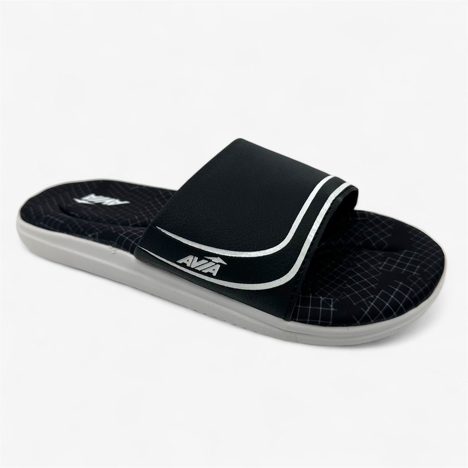 Avia Memory Foam Slide Jet Black Bright White Kids Boys Sandal Slide