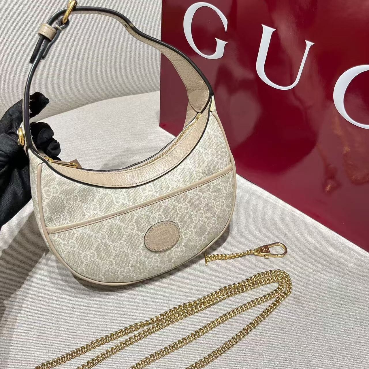 Gucci Ophidia Mini Beige White GG Supreme Canvas Half Moon Crossbody Bag