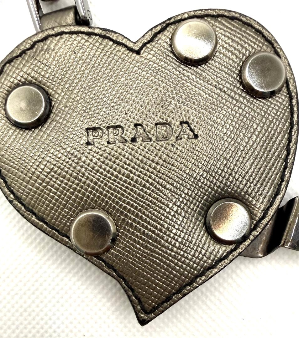 PRADA Heart Charm Key Ring Bag Charm Silver Saffiano Leather Studs 2.8×2.8in.