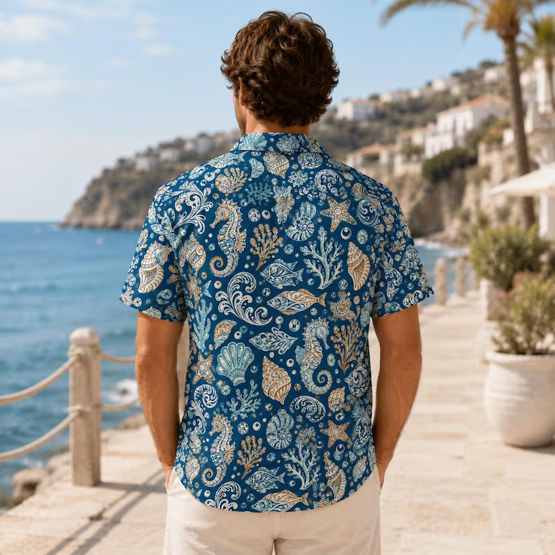 Seahorse Hawaiian Shirt Ocean Seashell Beach Tropical Aloha