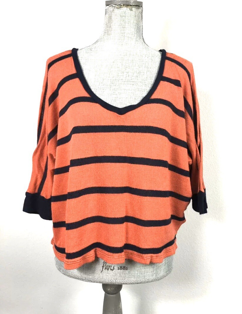 Splendid Womens M Orange Stripe Oversized Batwing Dolman Sleeve Vneck Crop Top