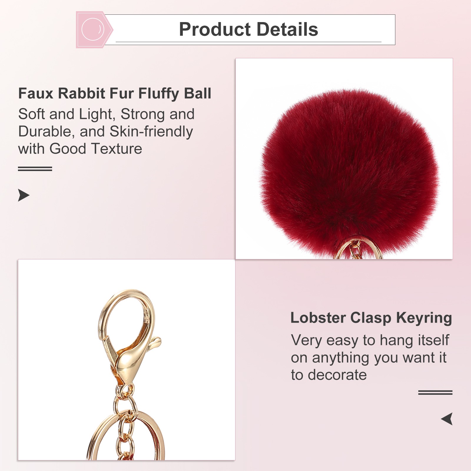 8cm Pom Pom Keychain Faux Rabbit Fur Puff Ball for Women Purse Wine Red