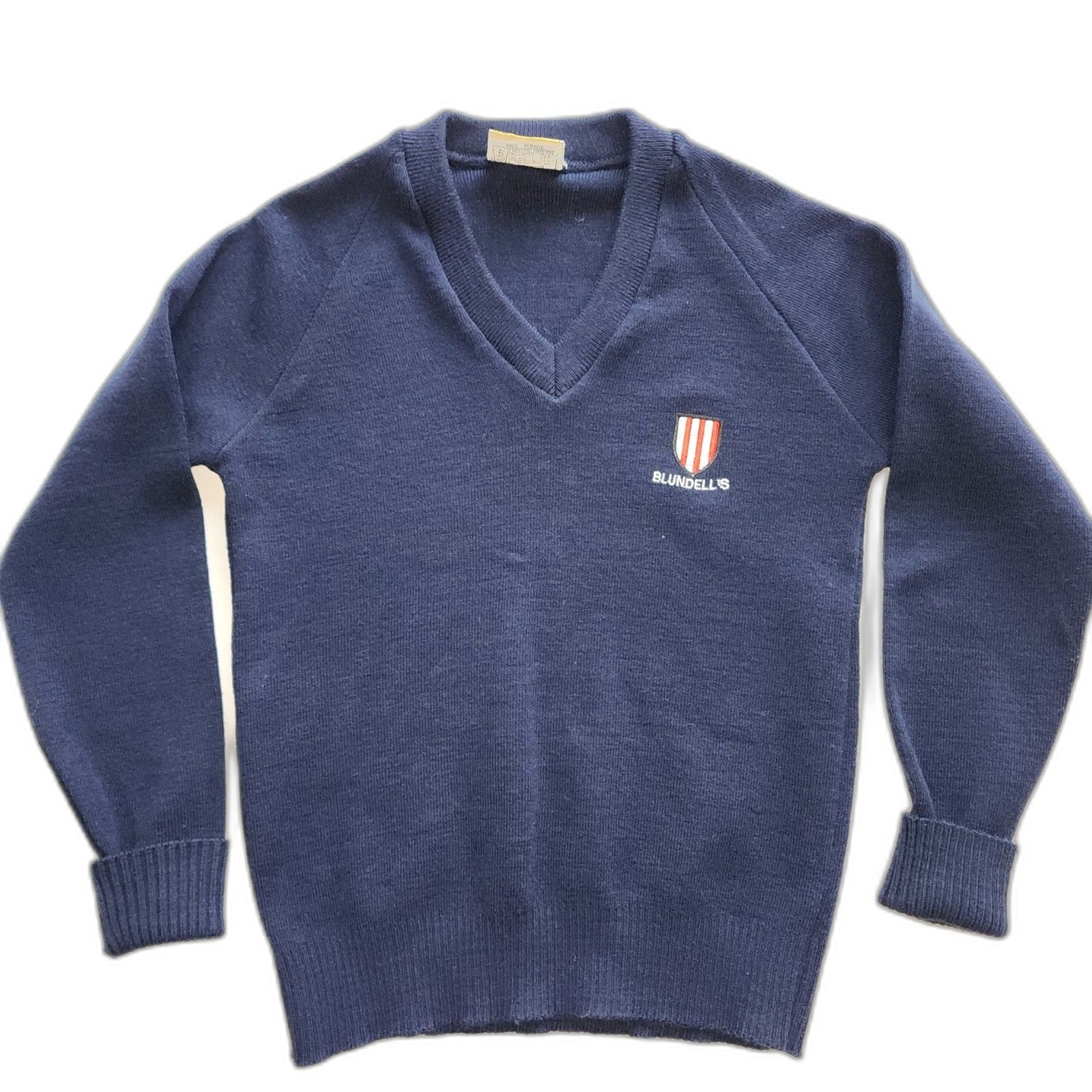 Vintage Charles Kirk of Worthing Blue Blundell’s Monogrammed V-Neck Sweater