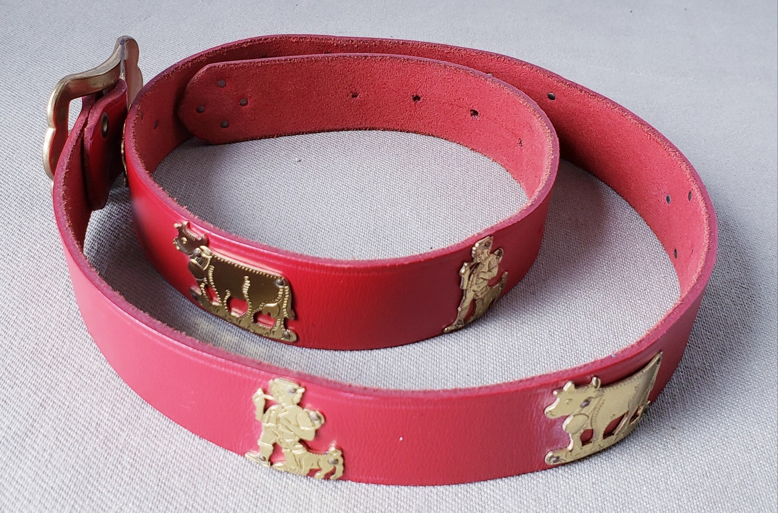 Vintage Appenzeller Belt Red Leather Swiss Cow Sun Brass Folk
