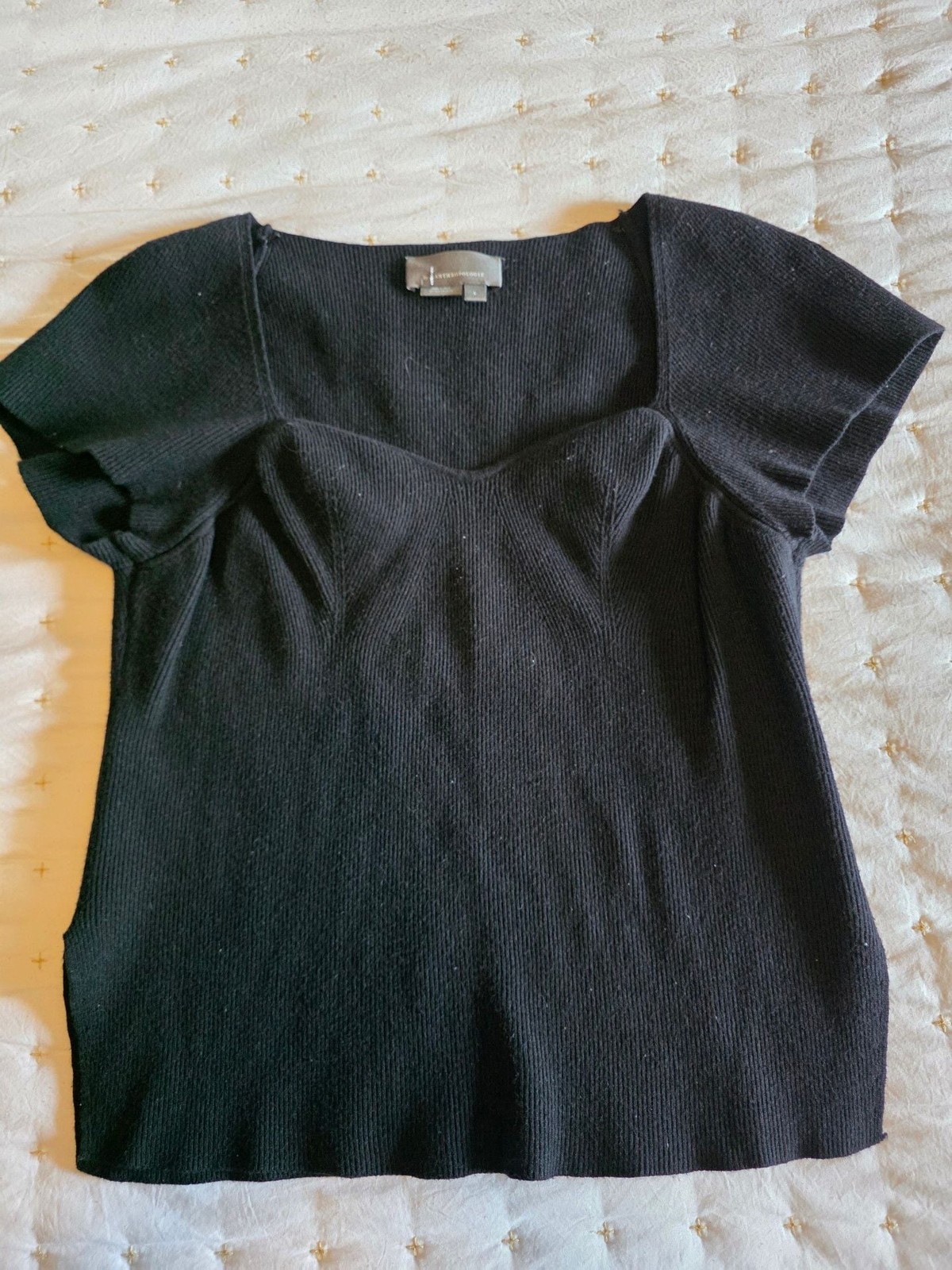 by Anthropologie Black Ribbed Knit Sweetheart Neckline Short Sleeve Top