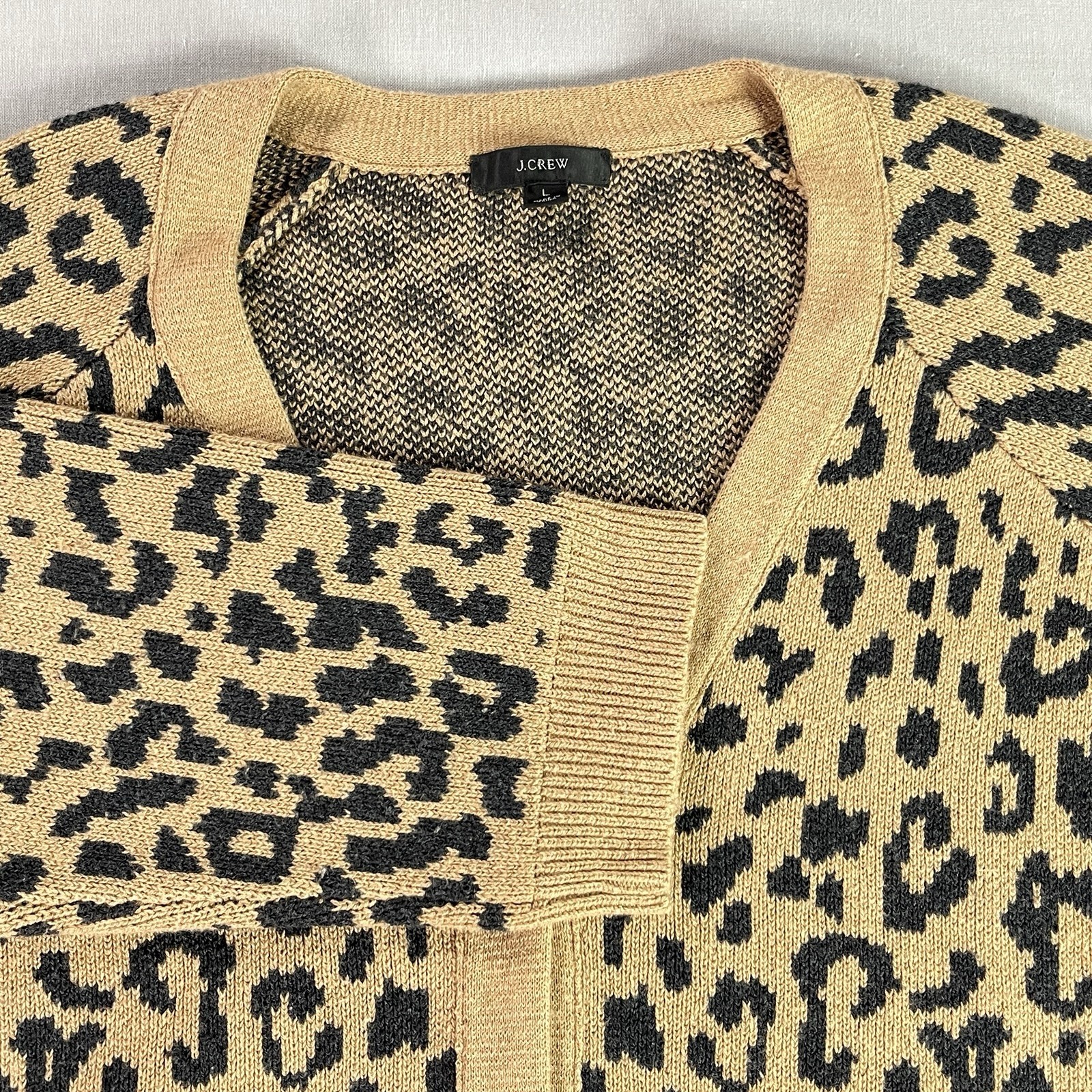 J.Crew Leopard Print Cardigan LG Tan Black Button Front Women Thick Sweater EUC