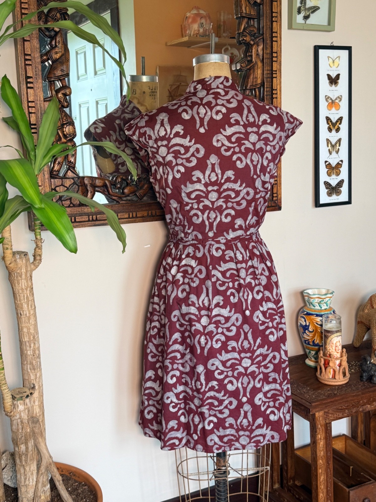 Global Mamas Cotton Burgundy/Gray Batik Dress Size M