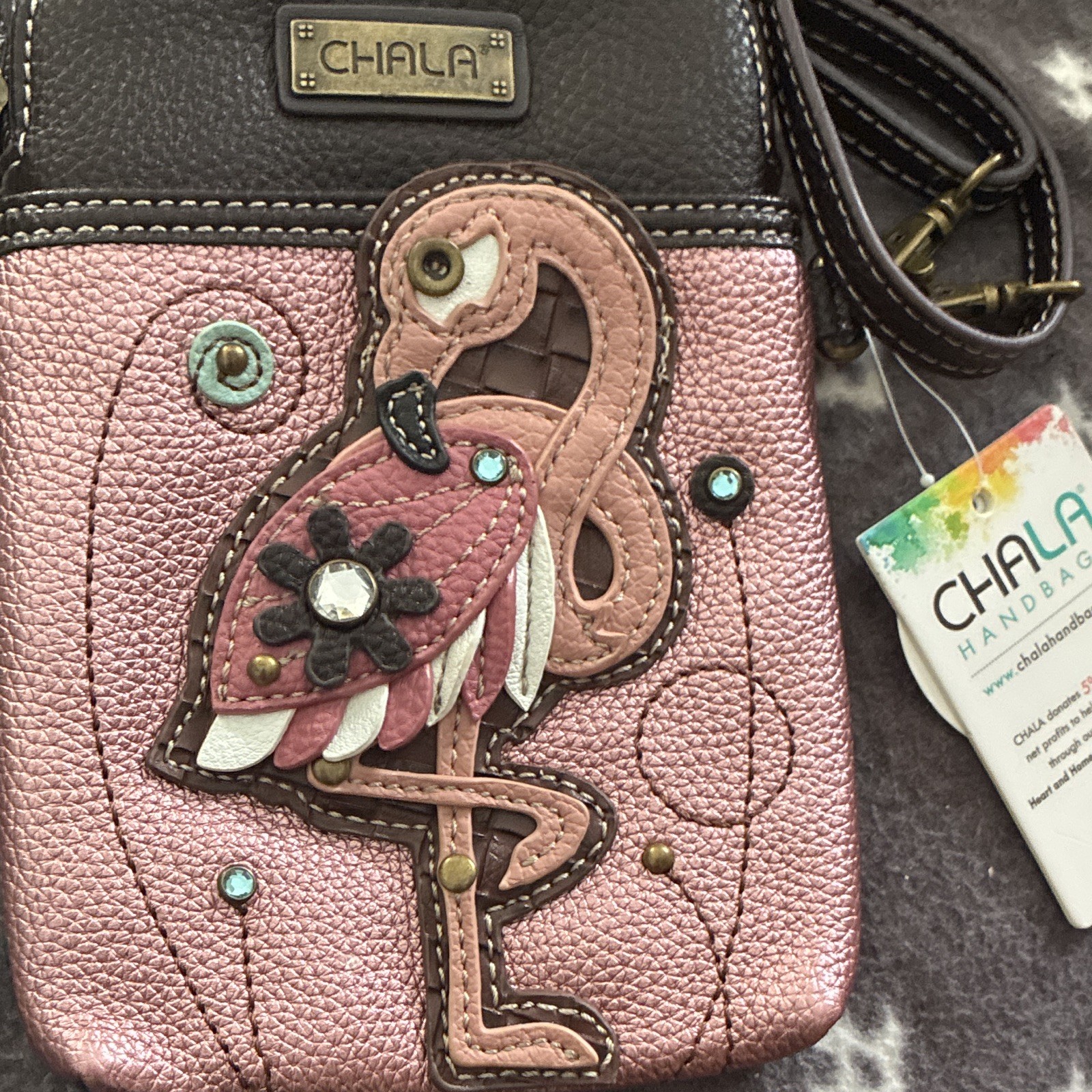 Chala Pink/Black Flamingo Applique Crossbody Bag, Zip Closure, Charm, Small