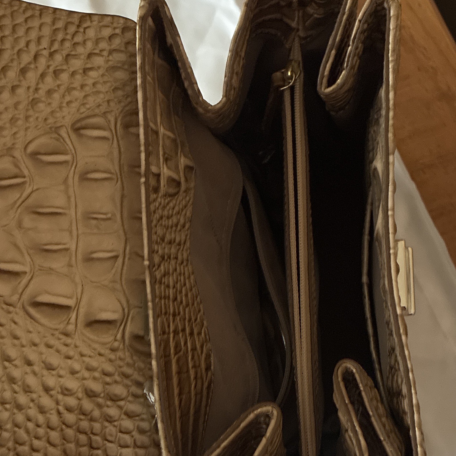 Brahmin Beige Croc-Embossed Backpack Purse Top Handle Buckle Gold Hardware
