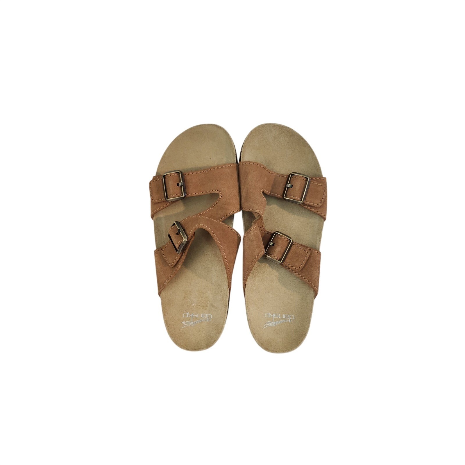 Dansko Dayna Tan Nubuck Leather Double Buckle Slide Sandals Vibram Sole 39