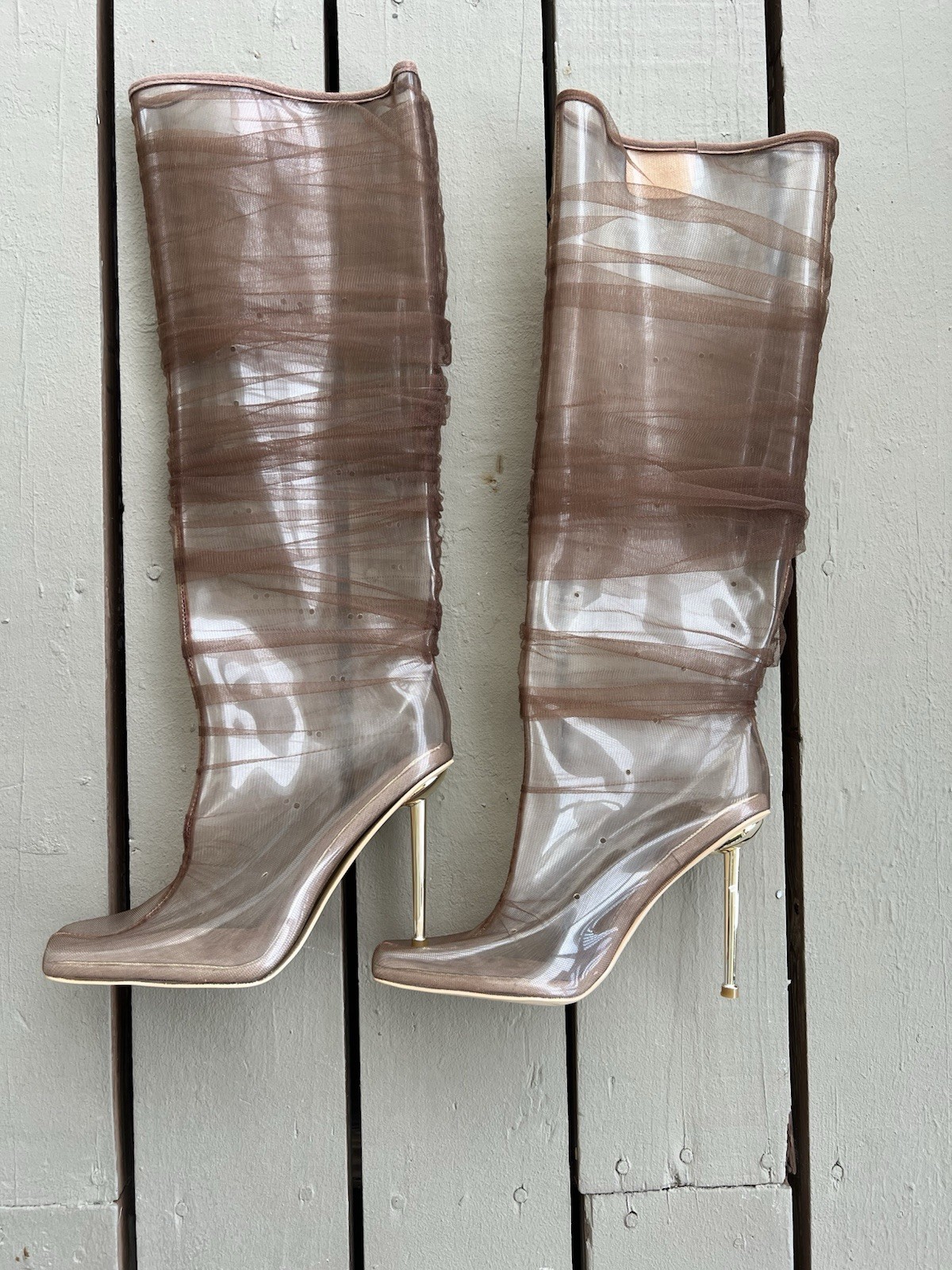 BFlyLA Knee High Brown; PVC, air holes, 4-inch gold heel, and brown mesh 10.5