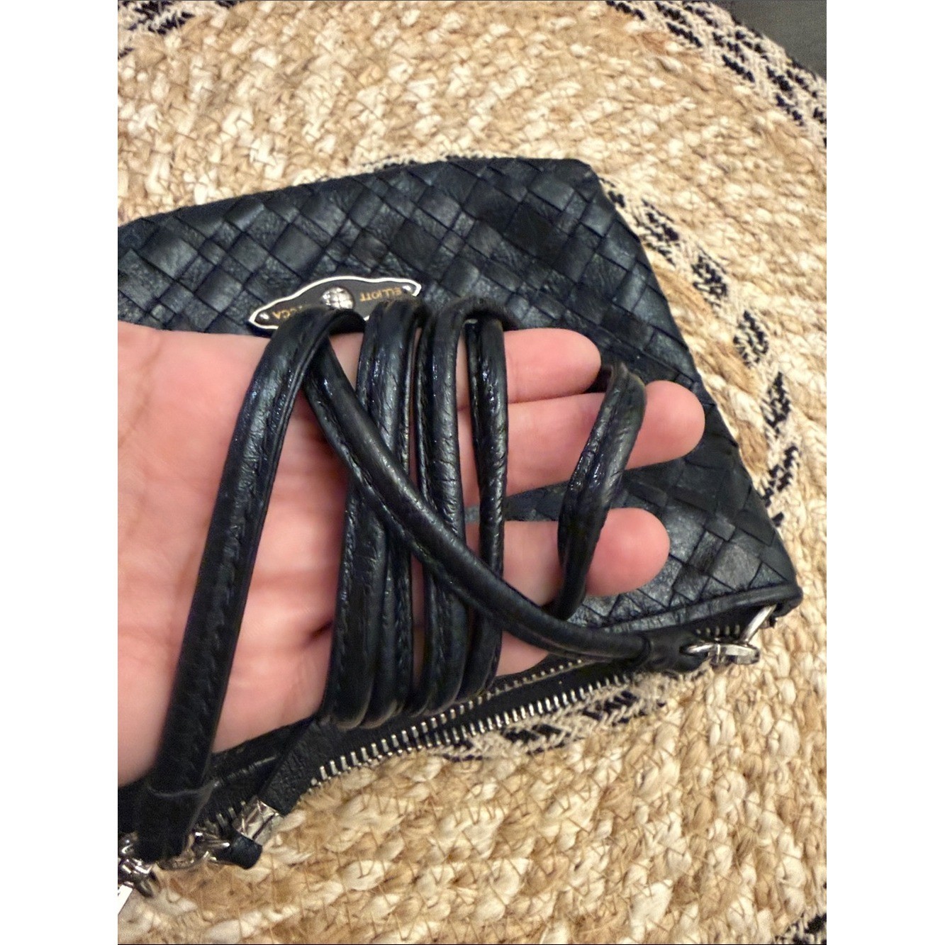 Elliott Lucca Black Woven Leather Crossbody Bag Small Zip Top Purse Handbag