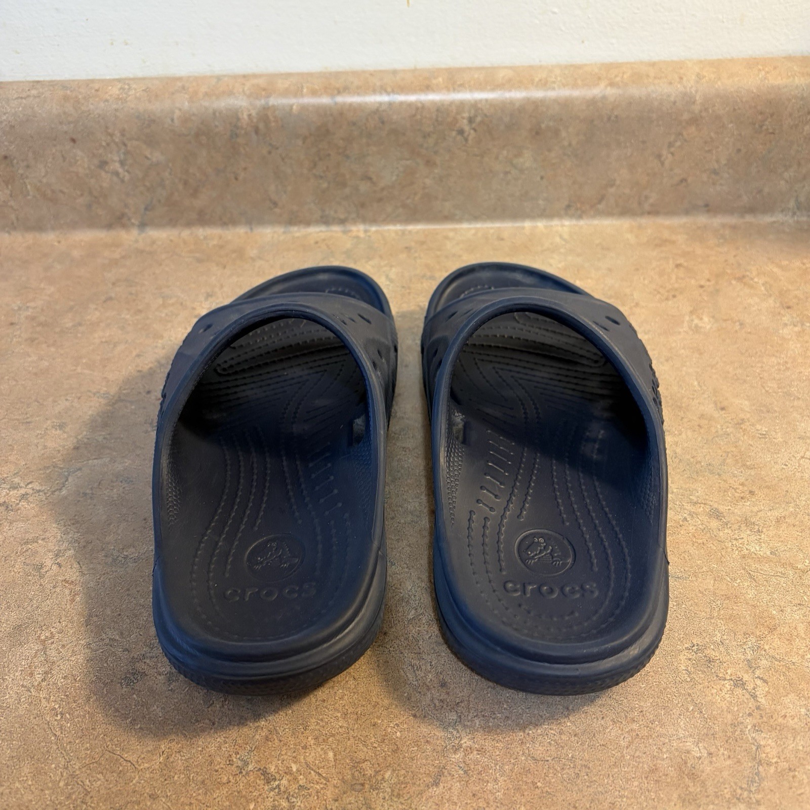 Crocs Baya Slide Navy Blue Womens 7 Mens 5 Sandals Wide Band Slip On Water Beach