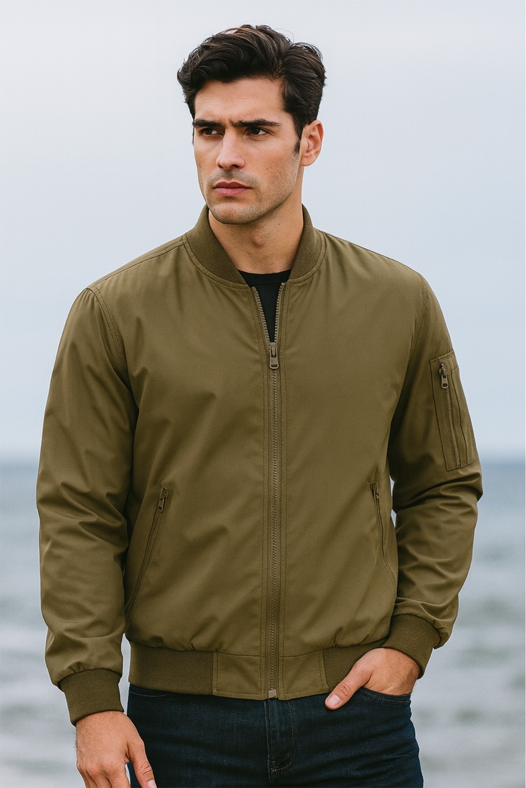 Mens Lightweight MA-1 Flight Jacket Bomber Warm Polyester Full Zip Coat NEW