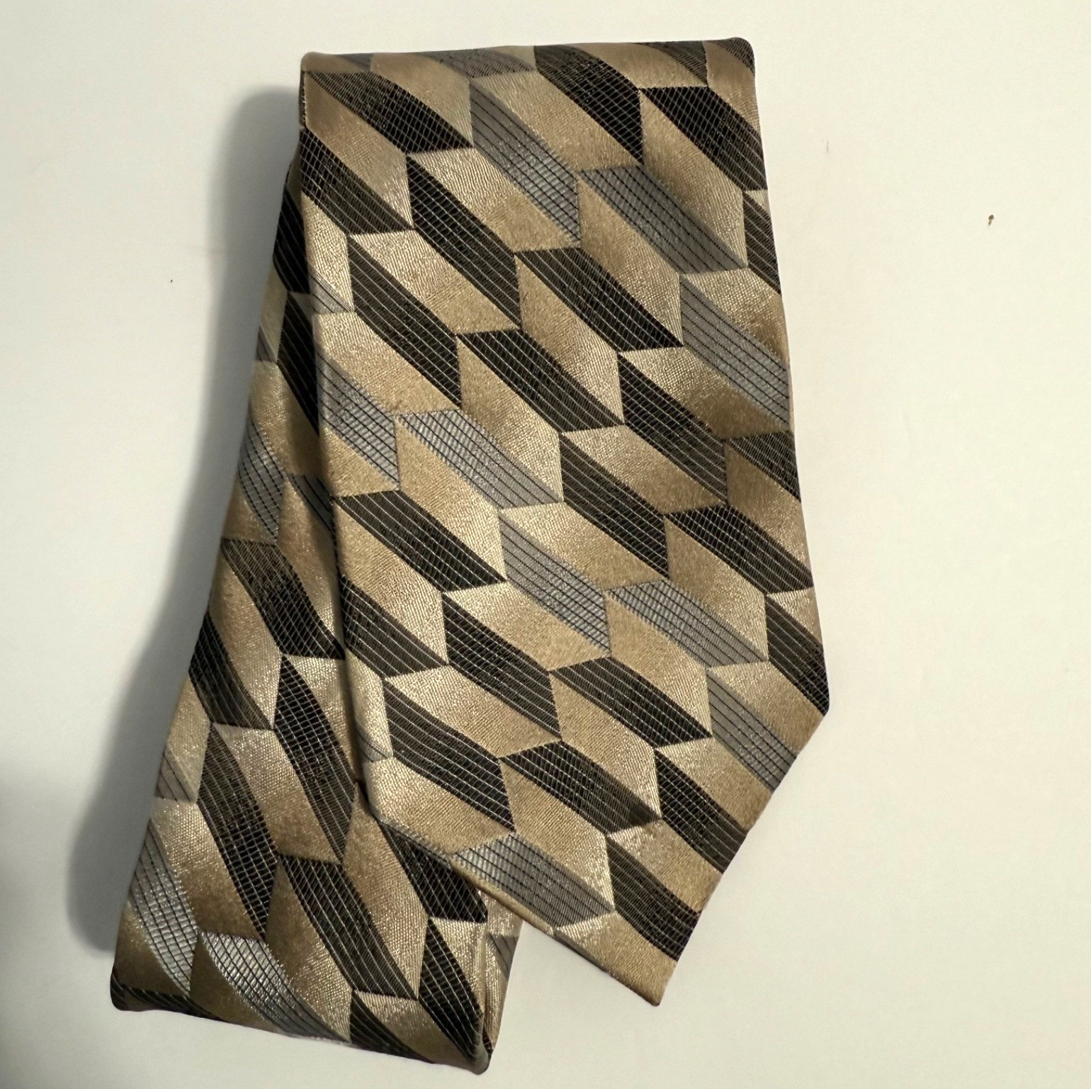 Ferucci Silk Tie Black Silver Tan Geometric Men Necktie 60″ long 3 3/4″ wide