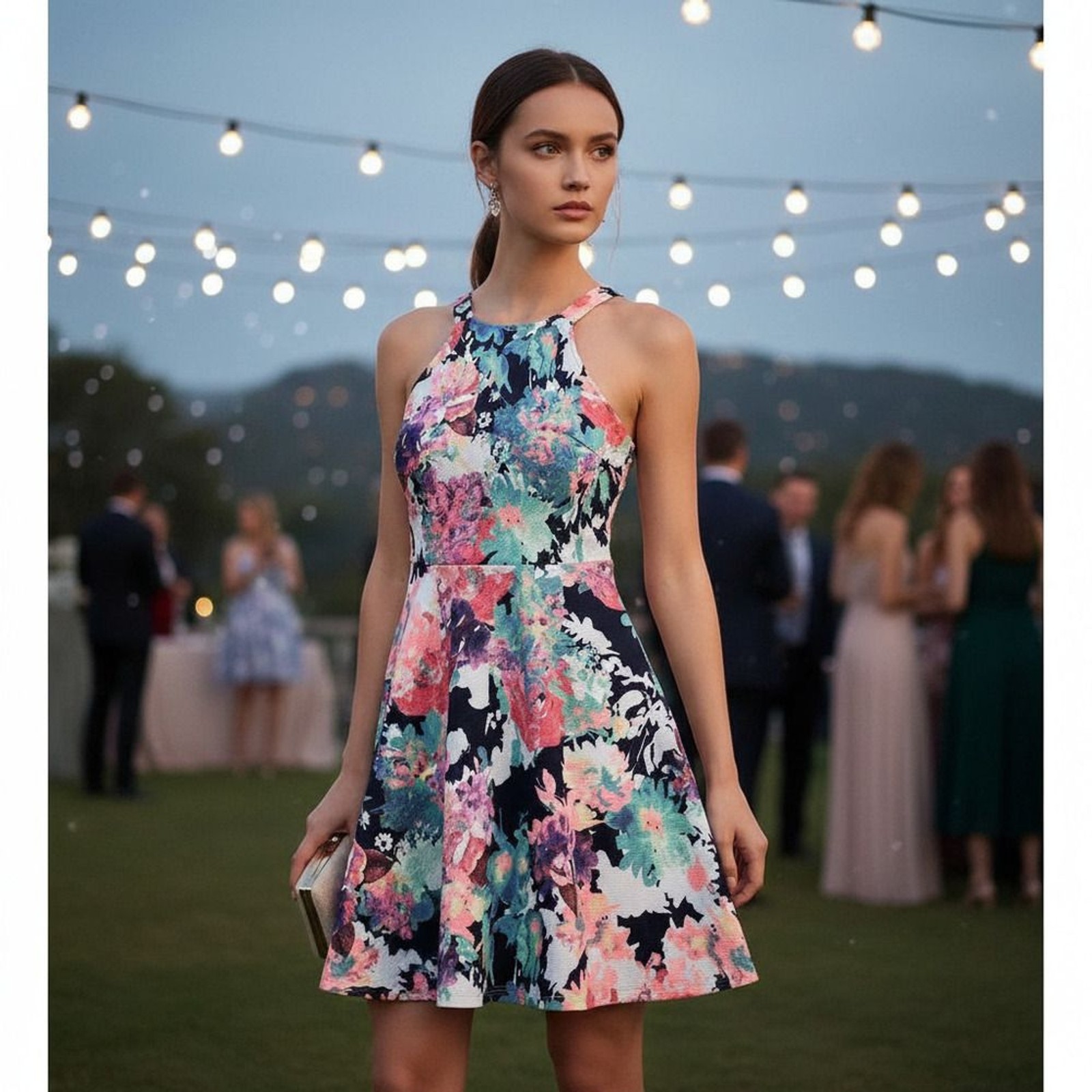 Aqua Floral Fit & Flare Dress Sz L NWT Crisscross Straps