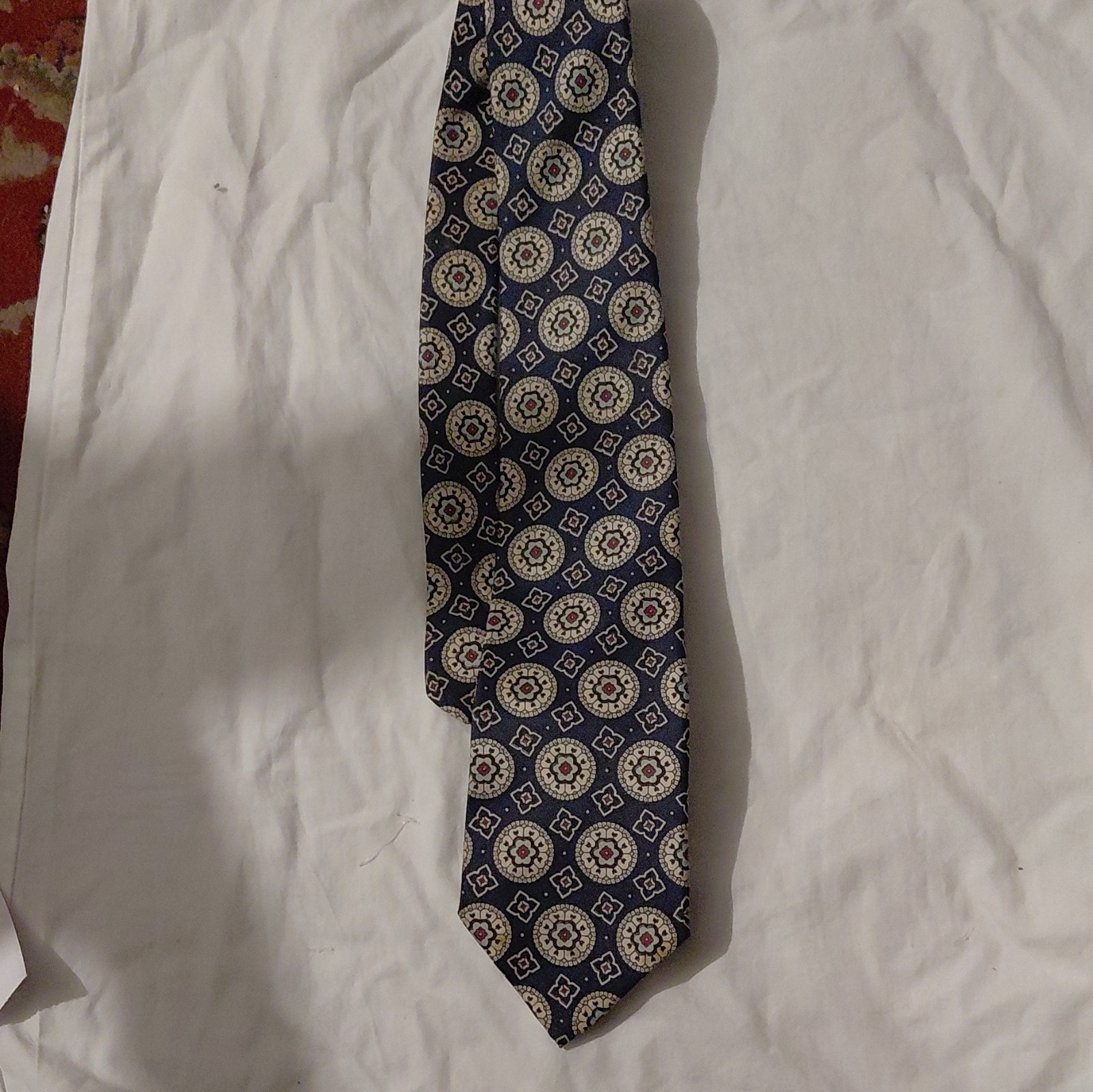 Kuppenheimer Blue Beige Red Geometric Woven Men’s Pointed Tie Logo Accent