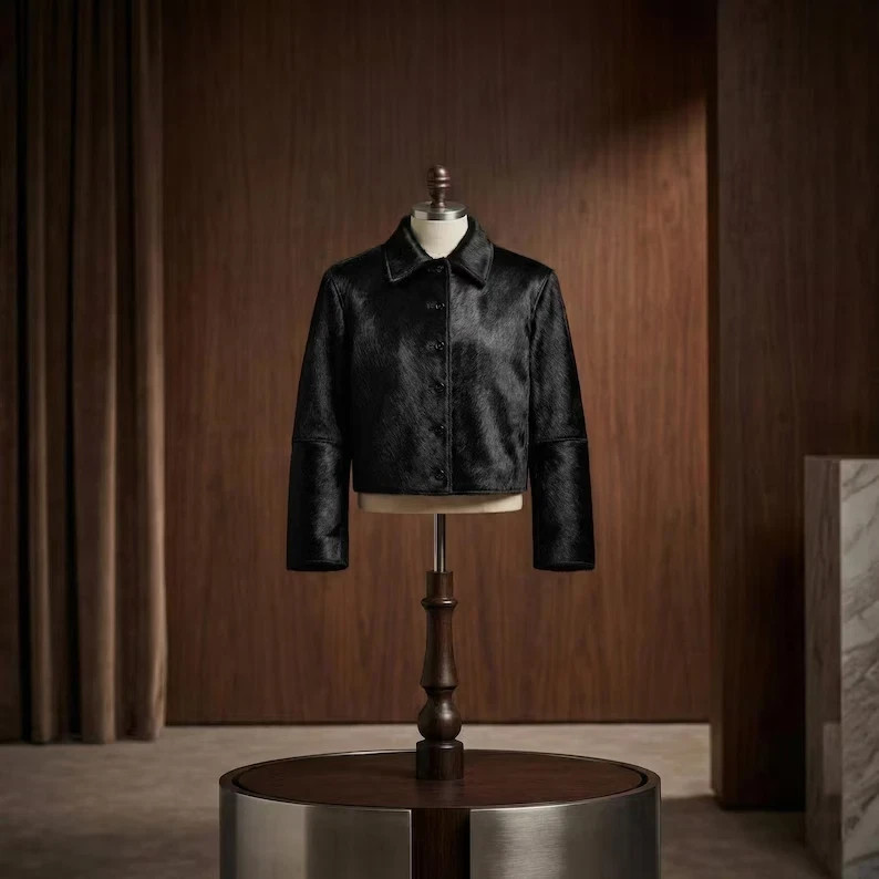 Genuine Hair-on Cowhide Leather Jacket – Black Pony Hair Biker Style. Custom Fit