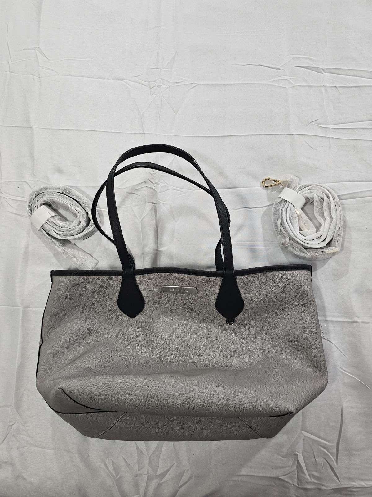 Michael Kors Saige Reversible Tote With Gray Leather Exterior And Black Interior