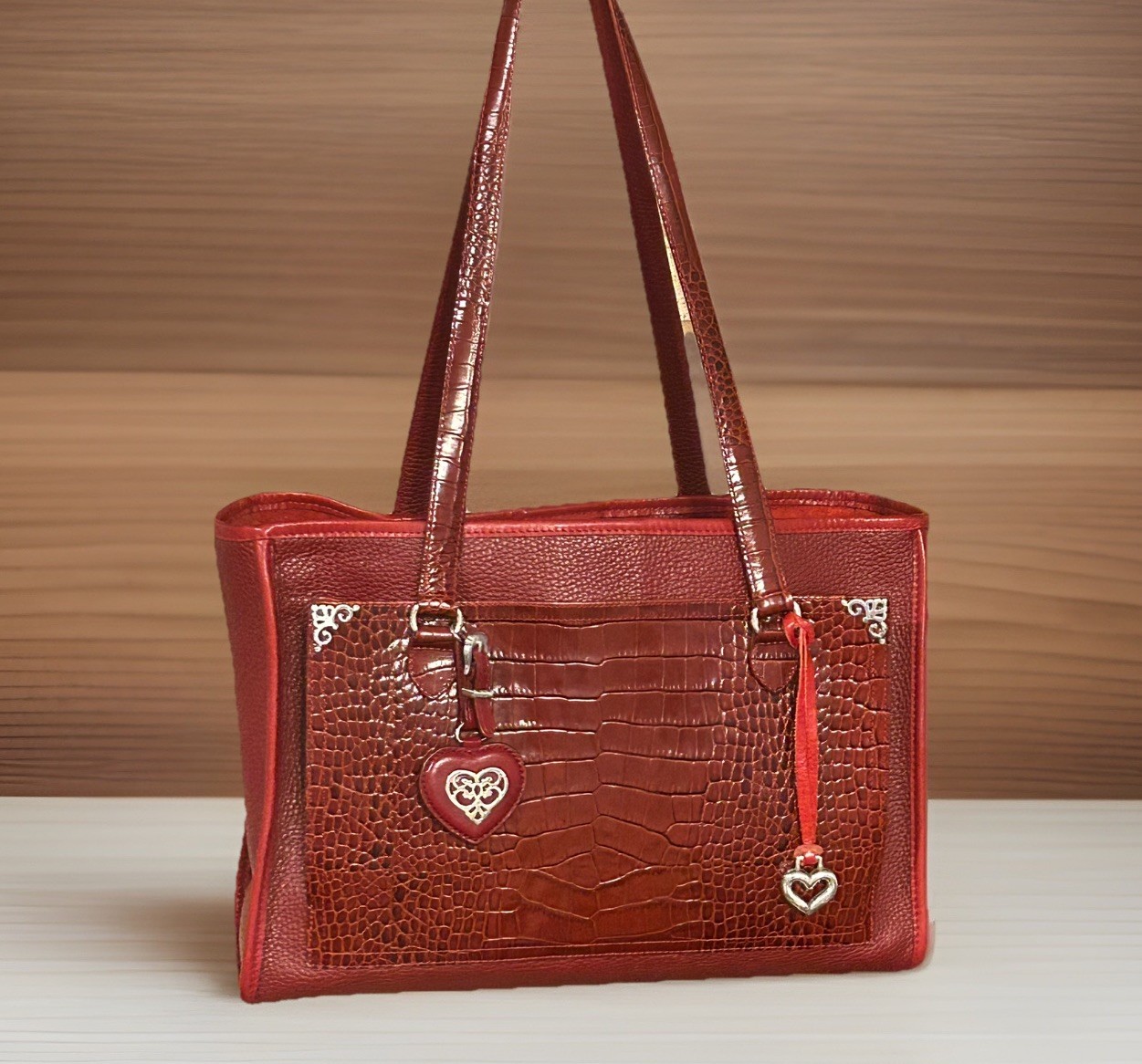 Vintage Large Brighton Handbag Leather Crimson Red Croc Embossed Weekender Tote