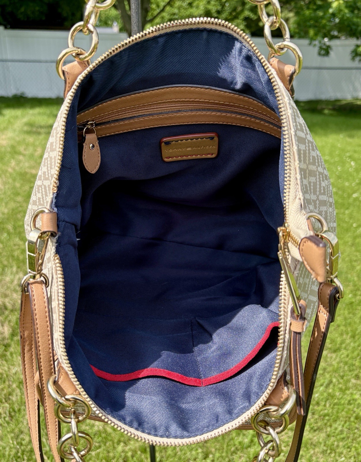 Tommy Hilfiger Coin with Chain Monogram Jacquard Travel Tote Khaki Tonal Logo