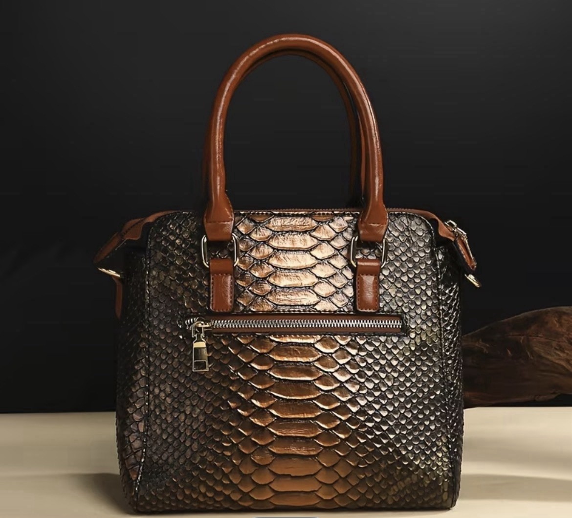 Snake Embossed Brown Satchel Top Handle Bag Zip, Tassel, Detachable Strap