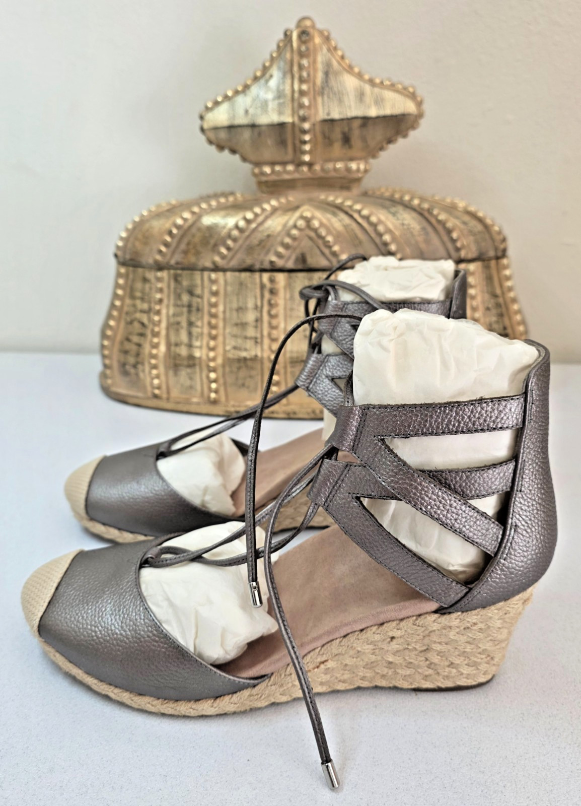VIONIC Aruba Calypso Orthotic Lace Up Espadrilles Wedge Pewter Size 9 NEW IN BOX