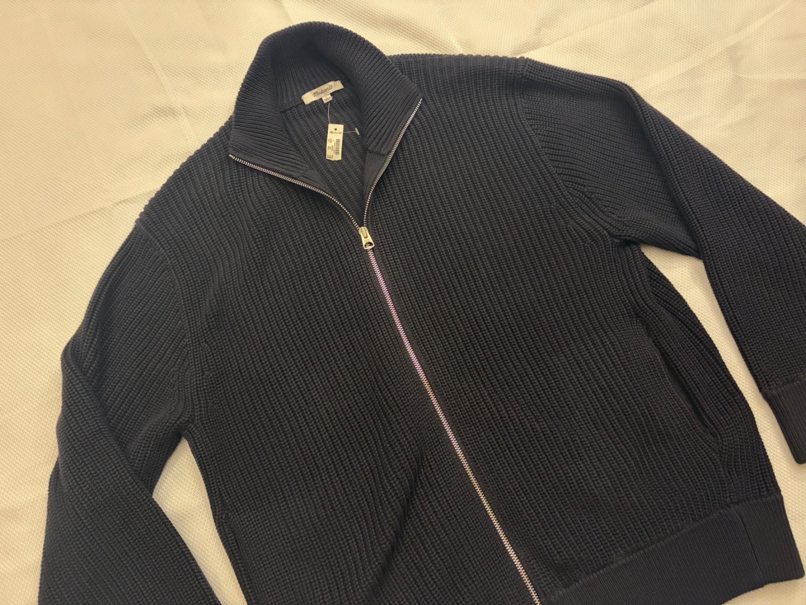Madewell men’s Cotton Shaker-Stitch Full-Zip Sweater, Obsidian Blue, Size Large
