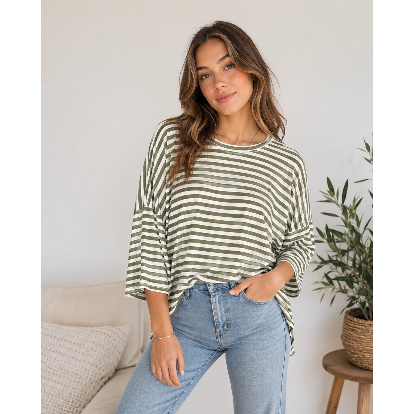 Mersea Cotton Green Striped Boxy Top One Size Nautical Coastal Oversized
