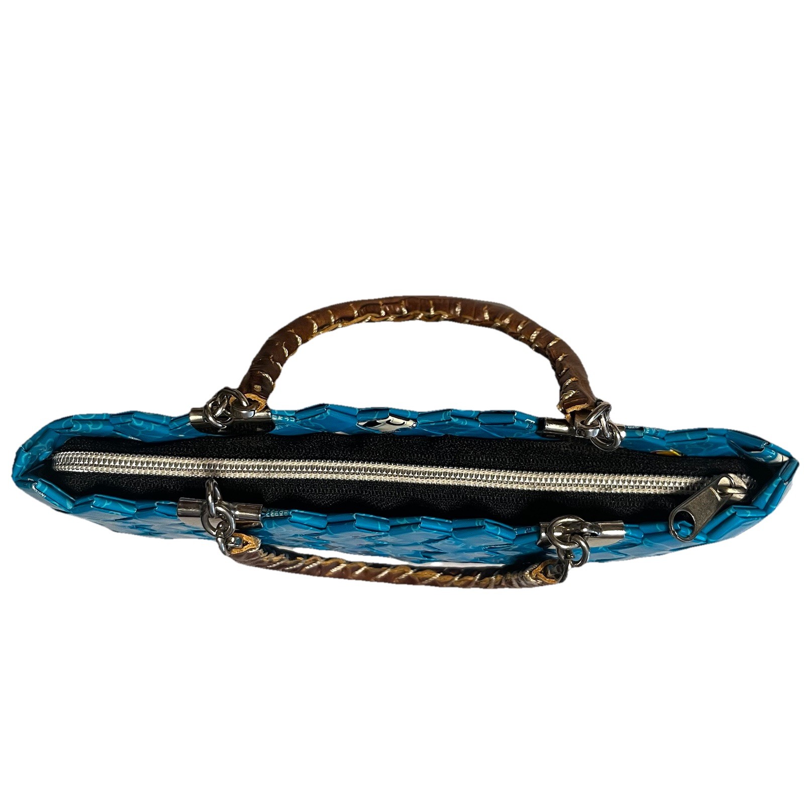 Nahui Ollin Candy Wrapper Hand Bag Teal Hand Made Woven Zipper Upcycle Recycle